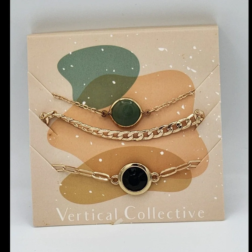 Vertical Collective 3 Piece Bracelet Set Gold Tone Green Black Stone Chains